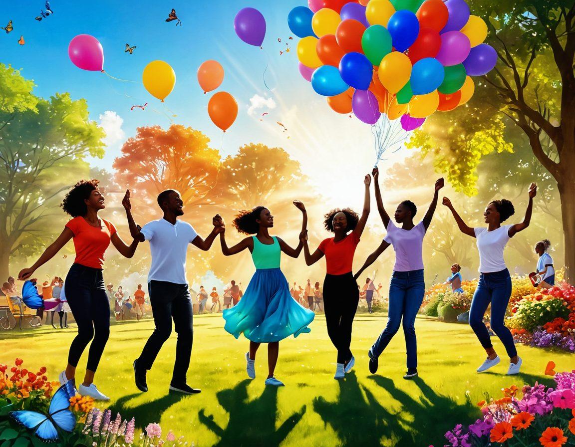 A bright, sunlit scene depicting a diverse group of joyful people engaging in various uplifting activities—like dancing, gardening, and playing instruments—set in a vibrant park filled with blooming flowers and colorful balloons. Include elements of positivity like light rays and butterflies fluttering around, creating an atmosphere of happiness and harmony. super-realistic. vibrant colors. cheerful atmosphere.