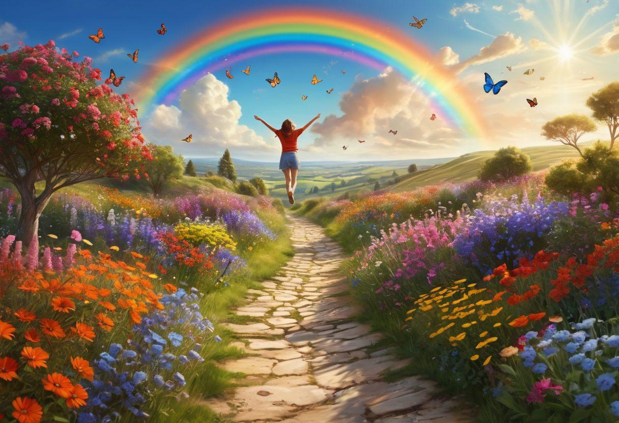A sunny landscape filled with vibrant wildflowers, a joyful person jumping in the air with arms outstretched, surrounded by colorful butterflies and a rainbow in the background. A quaint pathway leading to a bright horizon symbolizes the journey to happiness. The scene conveys cheerfulness and positivity, with soft sunlight illuminating the details. super-realistic. vibrant colors. serene atmosphere.