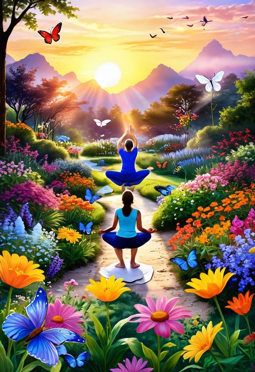 A cheerful sunrise with rays of vibrant colors illuminating a serene landscape, featuring a whimsical garden filled with blooming flowers, playful butterflies, and a peaceful pathway. In the foreground, diverse individuals engage joyfully in various activities such as yoga, painting, and laughing together. The scene captures the essence of positivity and joy in life. vibrant colors. super-realistic.